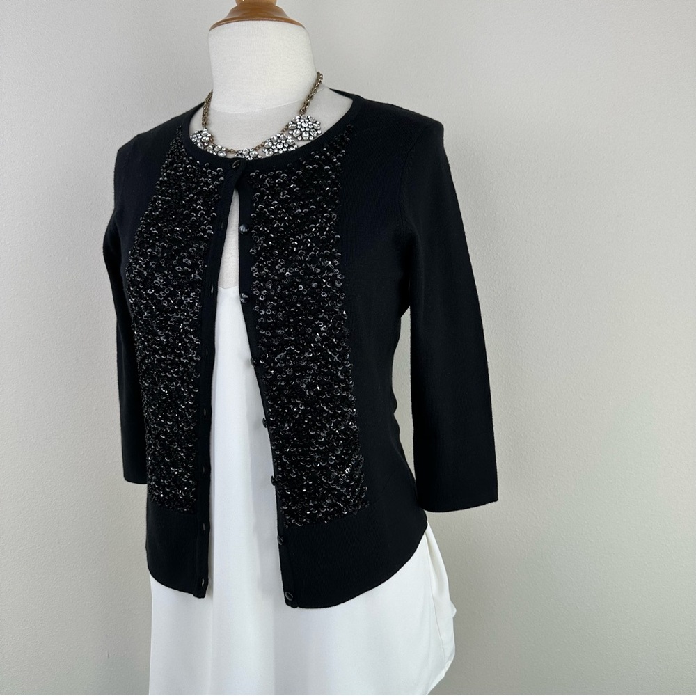 Talbots Petites Black Front Buttons Cardigan Sequins Size S